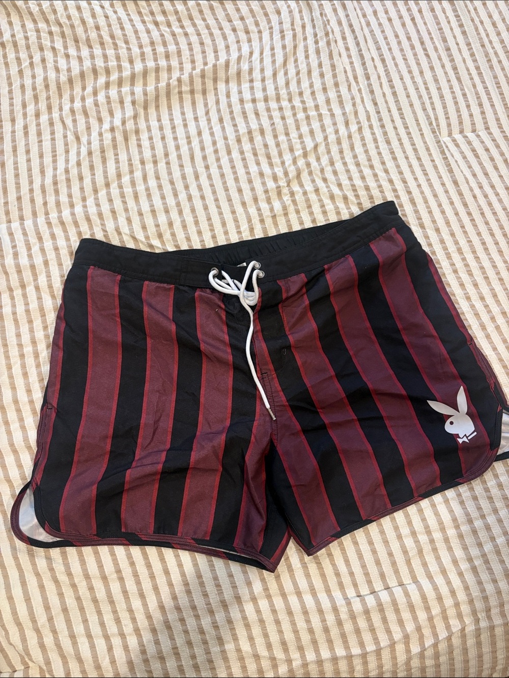 PLAYBOY Black & Burgundy Striped Athletic Shorts